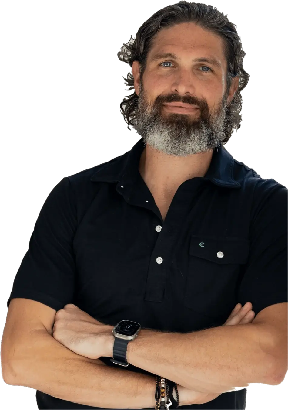 Portrait of Chris Carsten, arms crossed, in a black shirt
